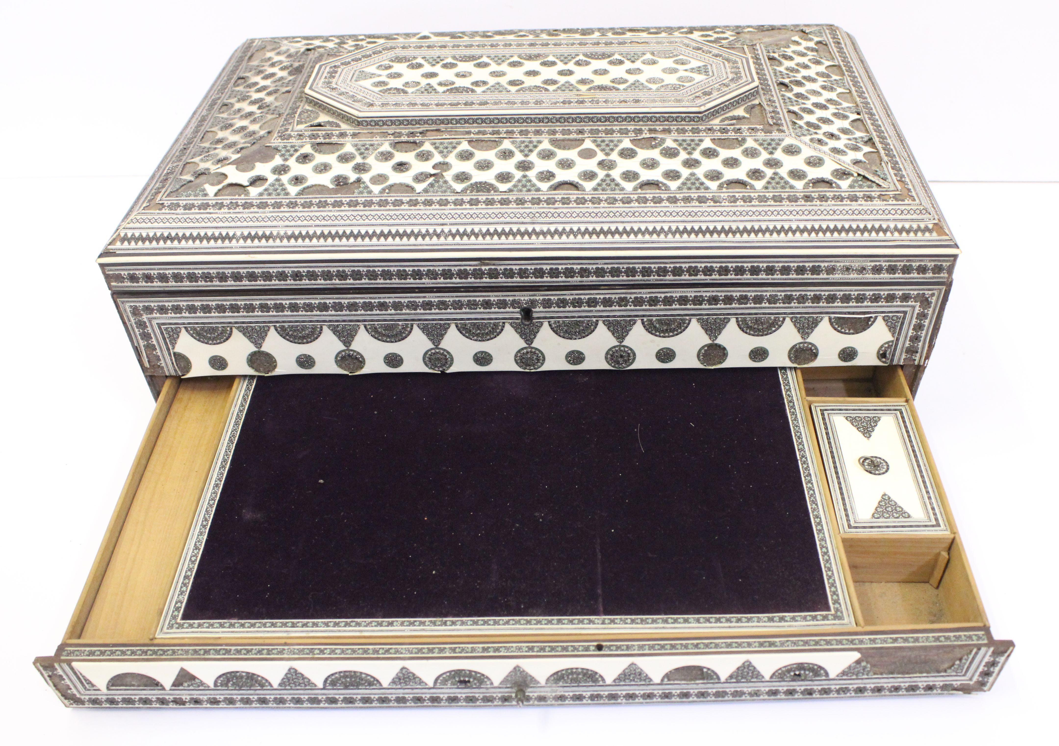 An Anglo Indian Sadeli-ware workbox with velvet lined work tray, includes some sewing requisites, - Image 3 of 9