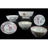 Four Chinese export porcelain bowls, decorated in famille rose palette; and two plates, Late 18th/