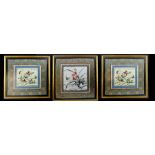 Three Chinese silk embroideries of flowers, rockwork and insects, framed and glazed, square 36cm (