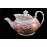 A New Hall porcelain boat shape teapot and cover, c1800, decorated in 'Boy in the Window' pattern,