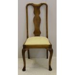 Four early 20thC George II style fruitwood side chairs, solid vase back splat, yellow upholstered