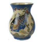 A Barum pottery scraffito fish vase, blue tones, incised mark, 12cm high