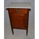 A late 19thC mahogany bedside cupboard, the painted top with a single drawer and cupboard below on