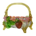 A Stourbridge strawberry glass basket, possibly by Stevens & Williams, rectangular section, the
