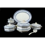 Four Losol ware octagonal tureens and covers, in pompadour pattern: a sauce tureen and ladle and a