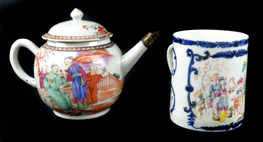 A Chinese export porcelain teapot and a cover, decorated in Mandarin palette with figures, white