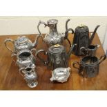 Two four piece silver plated tea sets and a modern silver plated quaiche (9)