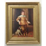 J Groves, 'Boy with Dog' oil on board, signed, gilt frame, 39 x 29cm