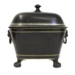 A Georgian Toleware coal bucket and cover and rounded rectangular section with domed cover on four