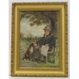 David Haddon - A Cornish fisherman at rest with his dog companion in a seaside garden, signed, oil