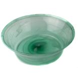 A Low Countries green glass cream setting pan, bubble glass with opaque swirl on hollow folded