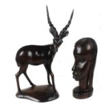 Two hardwood African carvings one of an impala; and the other of a female head (2)