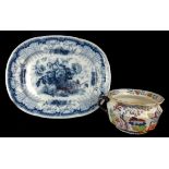 A Davenport pottery blue and white meat plate, printed in Flora pattern, 53cm max; and a Mason's