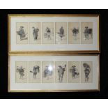 A set of twelve Japanese images of street vendor, watercolour possibly over printed image, on paper,