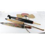 Three vintage oriental parasols; together with three fans from same period (6)