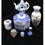 A Chinese porcelain hexagonal blue and white tureen and cover; and other items of oriental porcelain
