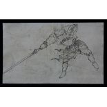 Chinese pen and ink drawing of Sun Wukong, the monkey faced warrior holding a long sword on paper,