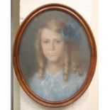 English School - Young girl with blue bow and ringletted hair, pastel on paper, oval