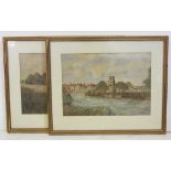 English School - a pair of naive views of churches by rivers, watercolour, 31.5 x 22cm approx. (2)