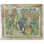 an impressionist style oil painting of a child in a garden, 50 x 40cm