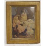 Victorian Oleograph - children with Newfoundland dog, stained pine frame, 52 x 43.5cm