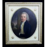 English School - oval portrait of a gentleman with landscape in the back ground, oil on board,