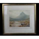 W. Wray watercolour framed and glazed - a mountain tarn with sheep, heather and a mountain in the