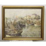 'A contemporary print of a continental harbour in a mahogany coloured frame