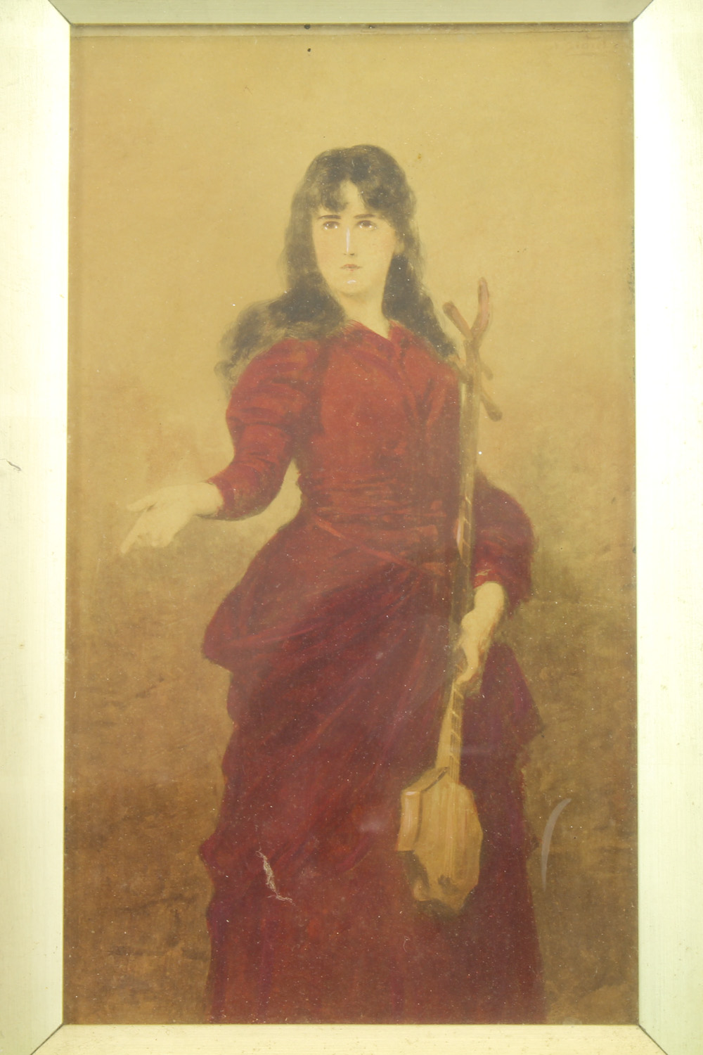 Early 20th C print of a Lady in red, overpainted print, 13.5 x 23.5cm - Image 2 of 3