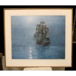 Dawson - framed and glazed print of a galleon on a moonlit sea - 73 x 59 cm