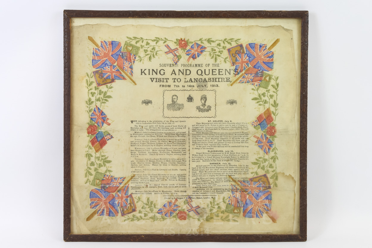 A framed and glazed 'Souvenir Programme of the King & Queen's Visit to Lancashire, From 7th to