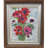 Norma Jameson - Still life of Anemones, oil on board, signed and inscribed verso, 22 x 27cm