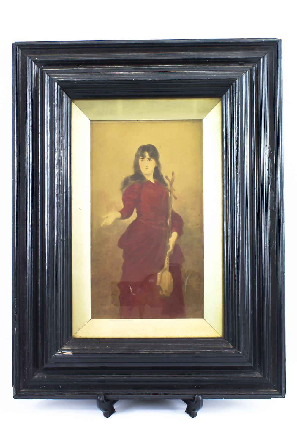 Early 20th C print of a Lady in red, overpainted print, 13.5 x 23.5cm