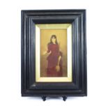 Early 20th C print of a Lady in red, overpainted print, 13.5 x 23.5cm
