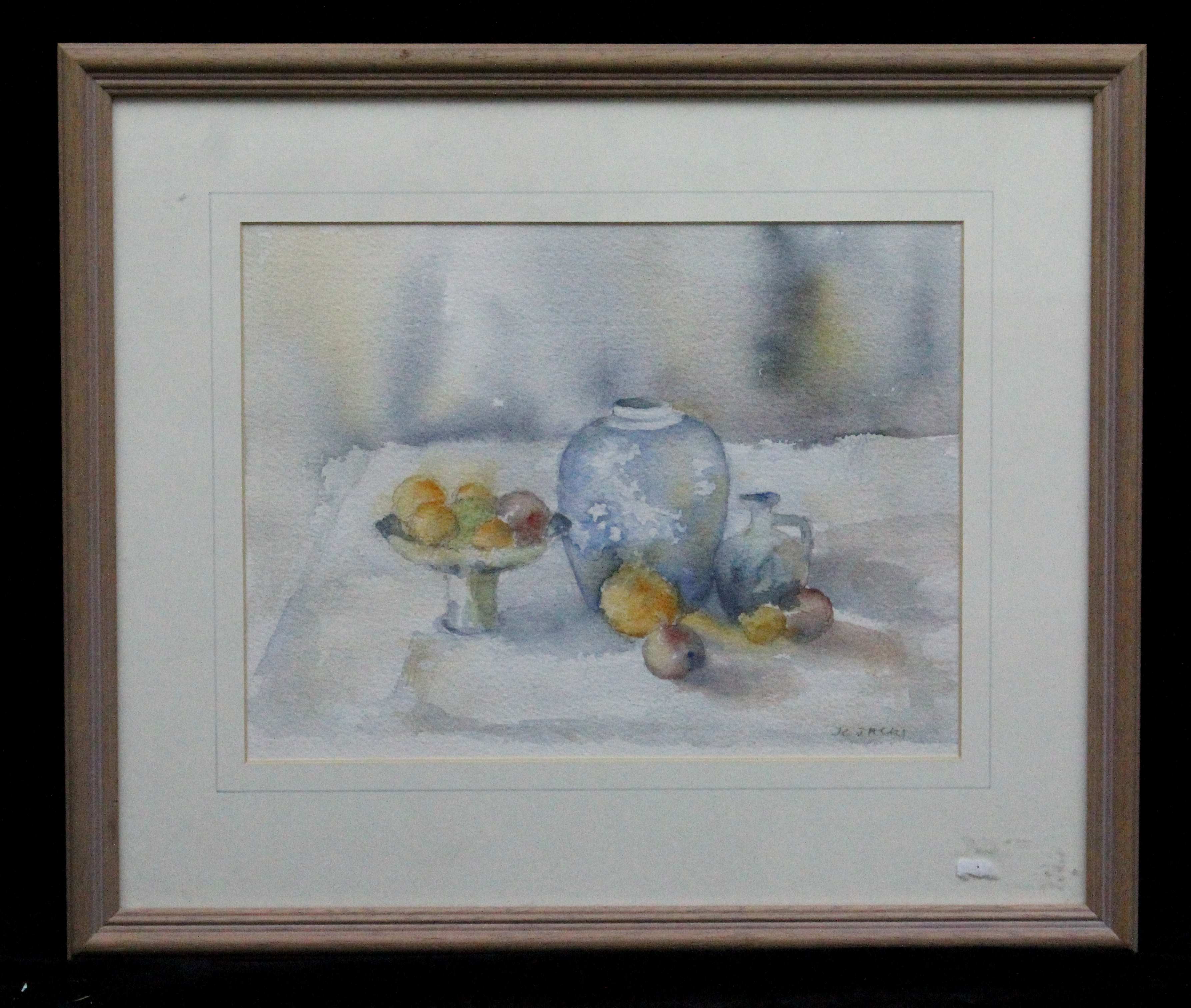 J.C. Jacks -watercolour still life with vases & fruit, ,