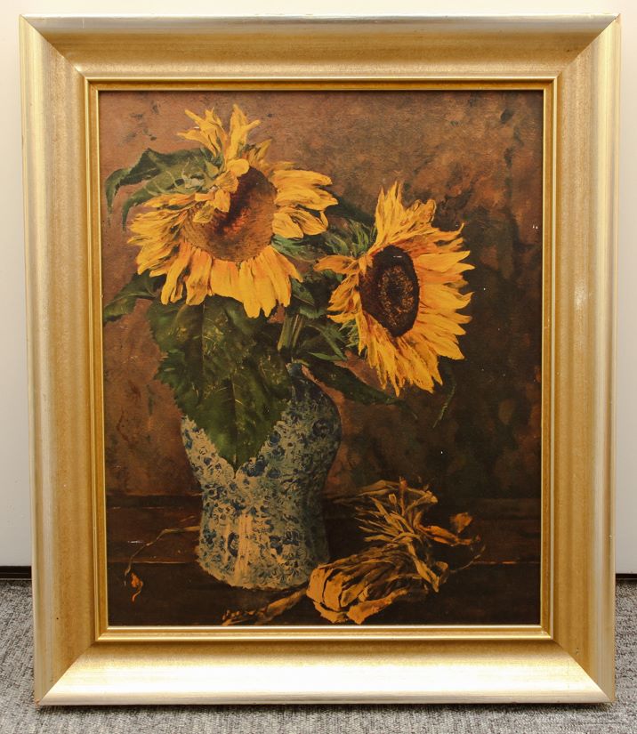 Still life of sunflowers, textured print, 39 x 47cm approx.