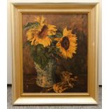 Still life of sunflowers, textured print, 39 x 47cm approx.