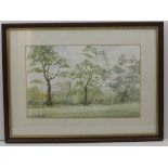 J.M. Lowry - view of a Church and trees watercolour - framed and glazed 20 x 31.5 cm