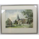 Clifford Nickson, view of a church and cottages - watercolour framed and glazed - 45 x 30 cm