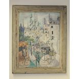 Walter Horst Nessler (1912-2001) Cubist view of a townscape probably Paris, with carafe of wine