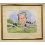 Cricketing Interest - Caricature of Roy McMillan, radio presenter by Des, set at Castletown