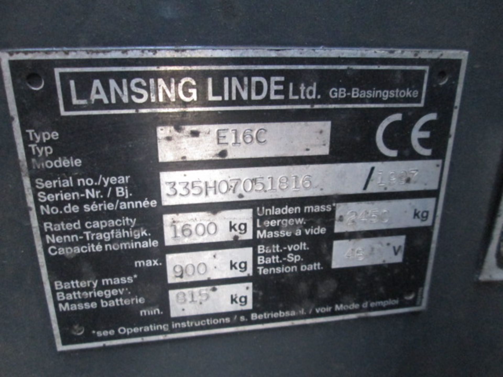 Linde Type E16C Electric 3 Wheeled Forklift. Serial No - 335H07051816 (1997). Double Mast Max Height - Image 7 of 15