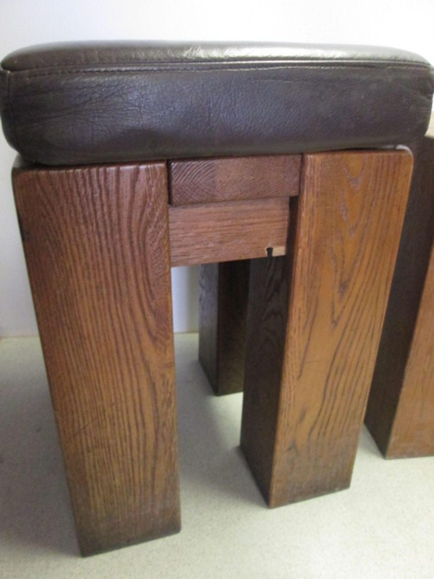 3 x Oak Stools with 2 x Brown Faux Leather Padded Detachable Cushions. Size H52cm x W36cm. (2 Stools - Image 2 of 5