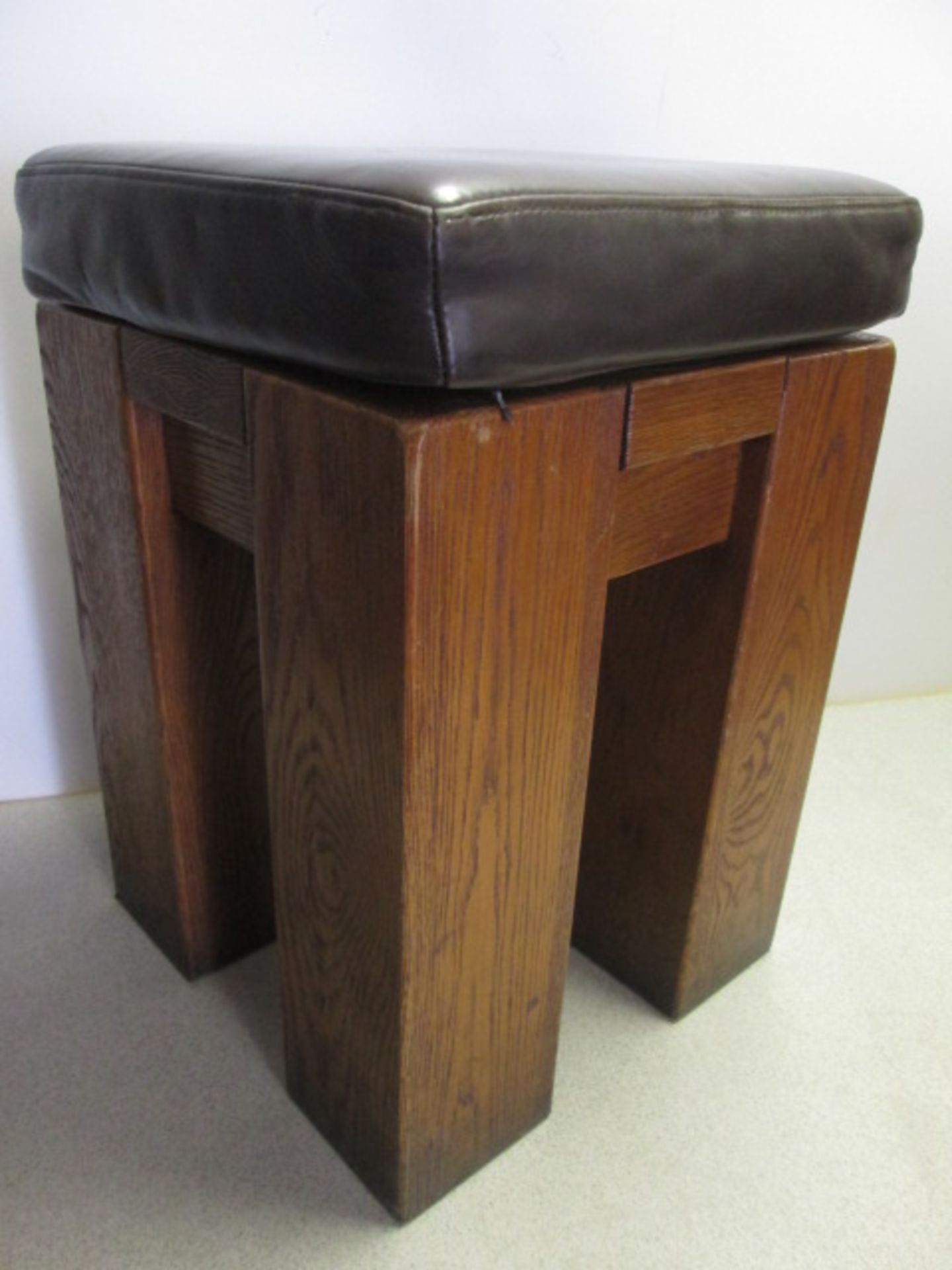 4 x Oak Stools with Brown Faux Leather Padded Detachable Cushions. Size H52cm x W36cm - Image 7 of 7