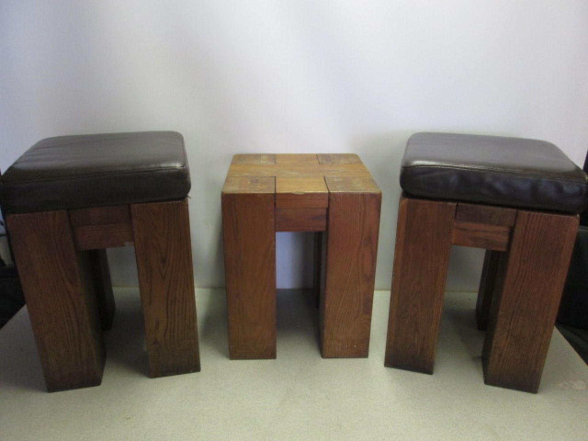 3 x Oak Stools with 2 x Brown Faux Leather Padded Detachable Cushions. Size H52cm x W36cm. (2 Stools