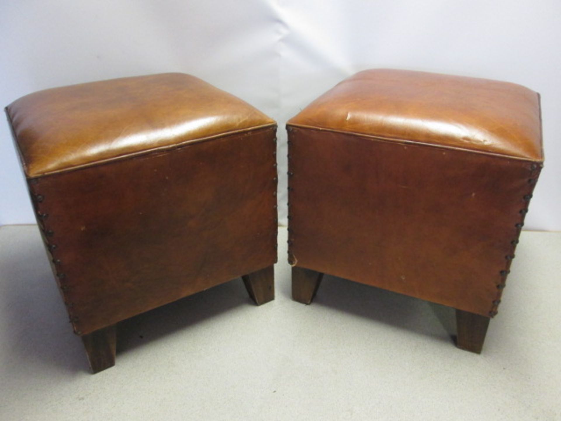 2 x Maisons Du Monde Brown Leather Stools with Padded Seat and Stud Nail Detail To Sides. RRP 119.90