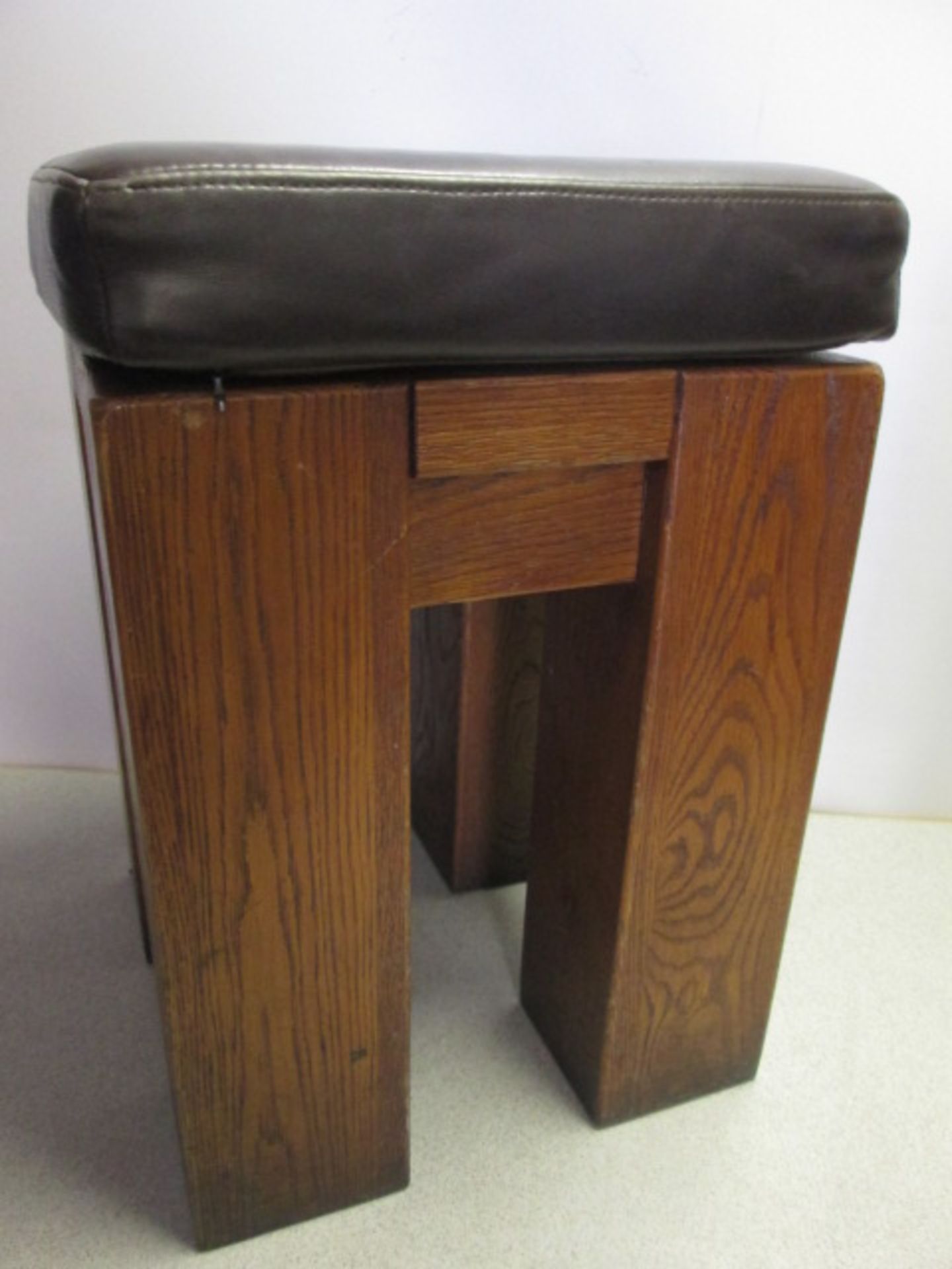 4 x Oak Stools with Brown Faux Leather Padded Detachable Cushions. Size H52cm x W36cm - Image 6 of 7