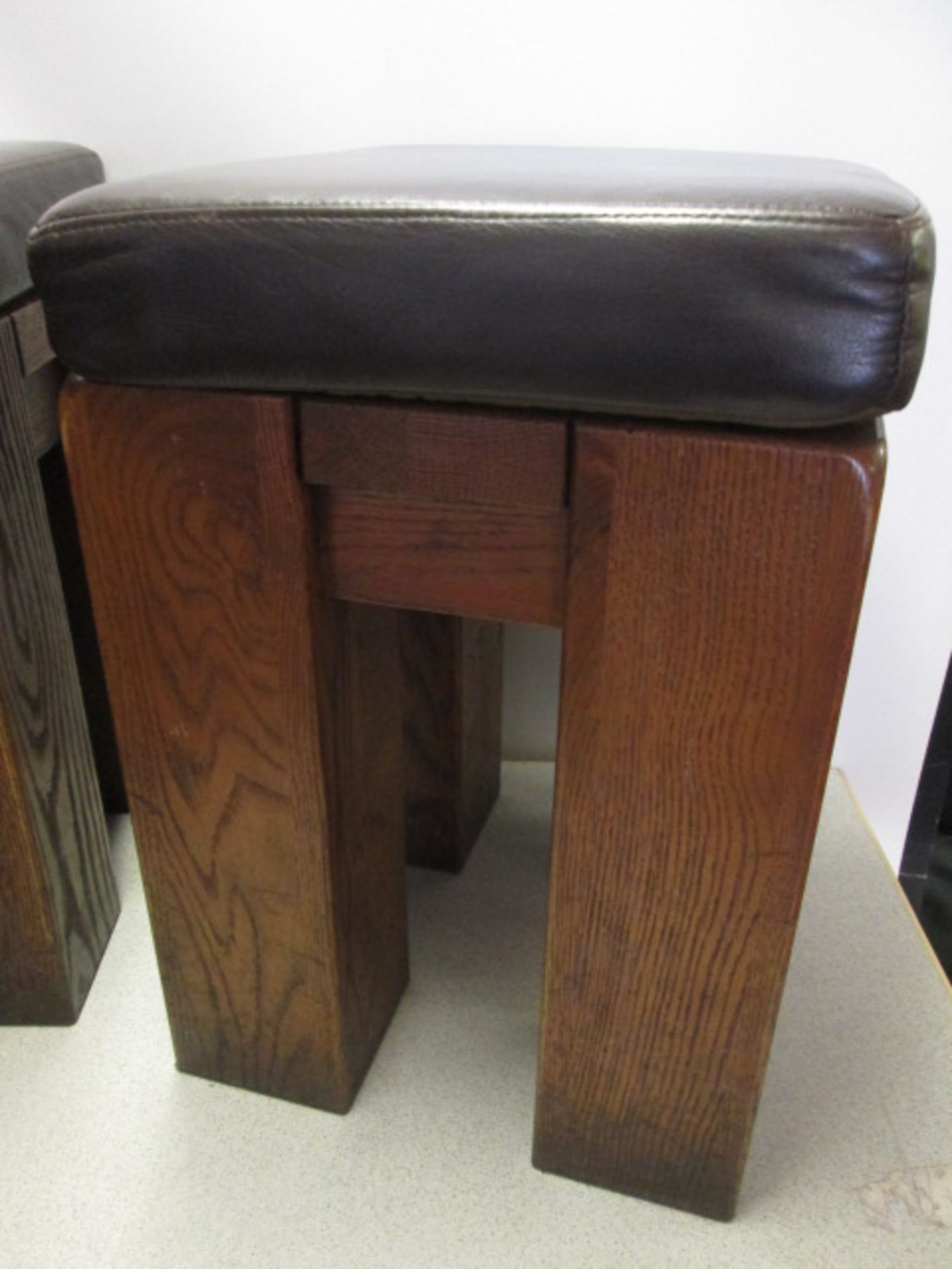 4 x Oak Stools with Brown Faux Leather Padded Detachable Cushions. Size H52cm x W36cm - Image 2 of 7