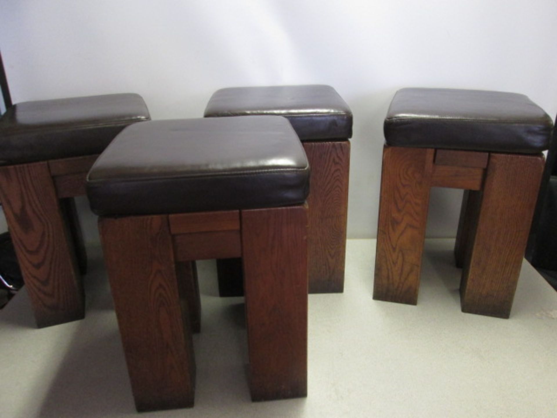 4 x Oak Stools with Brown Faux Leather Padded Detachable Cushions. Size H52cm x W36cm - Image 4 of 7