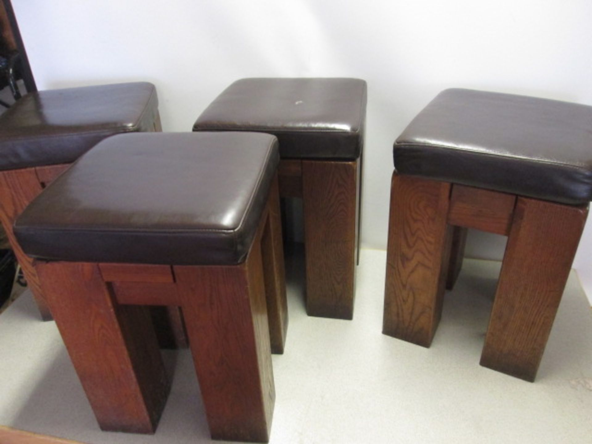 4 x Oak Stools with Brown Faux Leather Padded Detachable Cushions. Size H52cm x W36cm